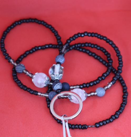 Cracked Agate and Quartz Black Beaded Lanyard