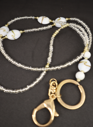 White and Gold Glass Bead Lanyard Keychain